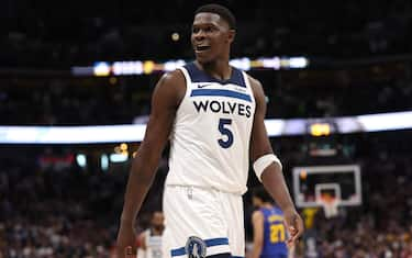 DENVER, COLORADO - MAY 04: Anthony Edwards #5 of the Minnesota Timberwolves celebrates after defeating the Denver Nuggets in Game One of the Western Conference Second Round Playoffs at Ball Arena on May 04, 2024 in Denver, Colorado. NOTE TO USER: User expressly acknowledges and agrees that, by downloading and/or using this Photograph, user is consenting to the terms and conditions of the Getty Images License Agreement. (Photo by Matthew Stockman/Getty Images)