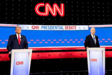 US President Joe Biden, right, and former US President Donald Trump during the first presidential debate in Atlanta, Georgia, US, on Thursday, June 27, 2024. Biden and Trump are facing off for their first 2024 debate, a high-stakes opportunity to break through to politics-weary Americans and one that holds the potential for disastrous missteps. Photographer: Eva Marie Uzcategui/Bloomberg via Getty Images