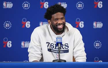 BOSTON, MA - MAY 2: Joel Embiid #21 of the Philadelphia 76ers speaks to the media during a press conference after being award the KIA NBA Most Valuable Player Award on May 2, 2023 at the TD Garden in Boston, Massachusetts. NOTE TO USER: User expressly acknowledges and agrees that, by downloading and or using this photograph, User is consenting to the terms and conditions of the Getty Images License Agreement. Mandatory Copyright Notice: Copyright 2023 NBAE  (Photo by Jesse D. Garrabrant/NBAE via Getty Images)