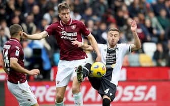 Udinese's Sandi Lovric (R) and Salernitana's Toma Basic in action during the Italian Serie A soccer match Udinese Calcio vs US Salernitana at the Friuli - Dacia Arena stadium in Udine, Italy, 2 March 2024. ANSA / GABRIELE MENIS