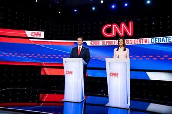 Ron DeSantis, governor of Florida and 2024 Republican presidential candidate, left, and Nikki Haley, former ambassador to the United Nations and 2024 Republican presidential candidate, during the Republican primary presidential debate hosted by CNN in Des Moines, Iowa, US, on Wednesday, Jan. 10, 2024. Both Nikki Haley and Ron DeSantis could use a strong showing in the final Republican debate ahead of the Iowa caucuses, where exceeding expectations could propel their campaigns to challenge Donald Trump as the party's standard-bearer. Photographer: Al Drago/Bloomberg via Getty Images