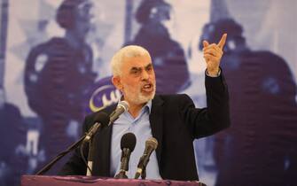 FILE PHOTO:Yahya Sinwar, Hamas' political chief in Gaza strip delivers a speech in Gaza City on April 30, 2022. Photo by Ashraf Amra//APAIMAGES_10247/Credit:Ashraf Amra  apaimages/SIPA/2408071356