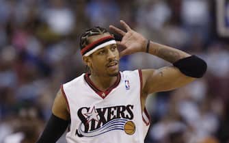 PHILADELPHIA - APRIL 16:  Allen Iverson #3 of the Philadelphia 76ers gestures to hear cheers from the crowd during the NBA game against the Washington Wizards at First Union Center on March 30, 2003 in Philadelphia, Pennsylvania.  The Sixers won 107-87.  NOTE TO USER: User expressly acknowledges and agrees that, by downloading and/or using this Photograph, User is consenting to the terms and conditions of the Getty Images License Agreement  (Photo by Ezra Shaw/Getty Images) 