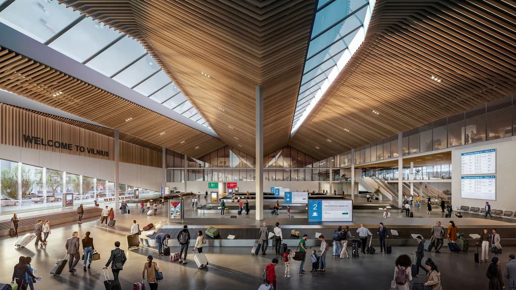 ZHA, Vilnius Airport Arrivals Terminal. Render by Negativ