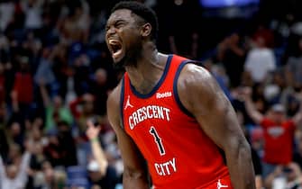 NEW ORLEANS, LOUISIANA - NOVEMBER 20: Zion Williamson #1 of the New Orleans Pelicans reacts after dunking the ball during the fourth quarter of an NBA game against the Sacramento Kings at Smoothie King Center on November 20, 2023 in New Orleans, Louisiana. NOTE TO USER: User expressly acknowledges and agrees that, by downloading and or using this photograph, User is consenting to the terms and conditions of the Getty Images License Agreement. (Photo by Sean Gardner/Getty Images)