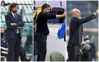 Gi allenatori Andrea Pirlo, Rino Gattuso e Stefano Pioli