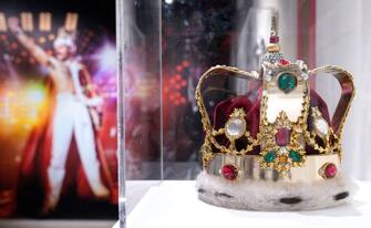 TOPSHOT - The signature crown of British singer-songwriter Freddie Mercury is displayed during the media preview for "Freddie Mercury: A World of His Own: The Evening Sale" at Sotheby's in New York City on June 1, 2023. More than 1,500 items from Mercury's private collection, including costumes and unique objects as well as the draft lyrics, will feature in the eventual auctions on September 6-8 in London and online August 4-September 11. The auction is expected to fetch at least Â£6 million ($7.5 million). (Photo by TIMOTHY A. CLARY / AFP) (Photo by TIMOTHY A. CLARY/AFP via Getty Images)