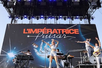 INDIO, CALIFORNIA - APRIL 12: (FOR EDITORIAL USE ONLY) (L-R) Hagni Gwon, Flore Benguigui, Charles de Boisseguin, Achille Trocellier and Tom Daveau of L'ImpÃ©ratrice perform at the Outdoor Theatre during the 2024 Coachella Valley Music and Arts Festival at Empire Polo Club on April 12, 2024 in Indio, California. (Photo by Amy Sussman/Getty Images for Coachella)