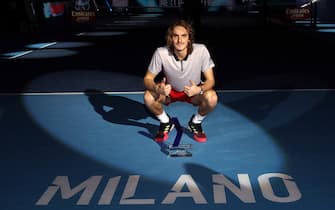 MILAN, ITALY - NOVEMBER 10:  Stefanos Tsitsipas of Greece celebrates with the winners trophy after defeating Alex de Minaur of Australia in the final during Day Five of the Next Gen ATP Finals at Fiera Milano Rho on November 10, 2018 in Milan, Italy.  (Photo by Julian Finney/Getty Images)