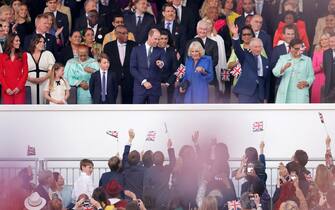 (L-R) Britain's Catherine, Princess of Wales, Britain's Princess Eugenie of York, Britain's Princess Charlotte of Wales, Britain's Prince George of Wales, Britain's Prince William, Prince of Wales, Britain's Queen Camilla and Britain's King Charles III in the royal box waiting for the acts inside Windsor Castle grounds ahead of the Coronation Concert, in Windsor, west of London on May 7, 2023. - For the first time ever, the East Terrace of Windsor Castle will host a spectacular live concert that will also be seen in over 100 countries around the world. The event will be attended by 20,000 members of the public from across the UK. (Photo by Chris Jackson / POOL / AFP) (Photo by CHRIS JACKSON/POOL/AFP via Getty Images)