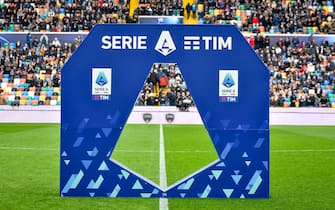 The official Italian Serie A banner prior the italian soccer Serie A match between Udinese Calcio vs Cagliari Calcio on february 18, 2024 at the Bluenergy stadium in Udine, Italy. ANSA/Ettore Griffoni