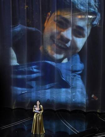 Daniela Cutolo, mother of Italian musician Giovanbattista Cutolo alias GiogioÕ, performs on stage at the Ariston theatre during the 74rd Sanremo Italian Song Festival, Sanremo, Italy, 06 February 2024. The music festival will run from 06 to 10 February 2024.  ANSA/ETTORE FERRARI