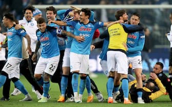 Napoli’s players celebrate the victory of the Italian Serie A Championship (Scudetto) at the end of the match against Udinese Calcio at the Dacia Arena stadium in Udine, Italy, 4 May 2023. ANSA / GABRIELE MENIS