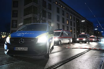 KARLSRUHE, GERMANY - MARCH 10: Police secure the nearby area of a pharmacy where a perpetrator is reportedly holding a hostage on March 10, 2023 in Karlsruhe, Germany. Police have cordoned off the area and the situation is ongoing. (Photo by Matthias Hangst/Getty Images)