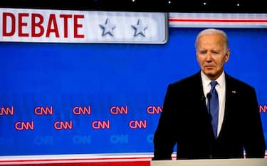 US President Joe Biden during the first presidential debate with former US President Donald Trump, not pictured, in Atlanta, Georgia, US, on Thursday, June 27, 2024. Biden and Trump are facing off for their first 2024 debate, a high-stakes opportunity to break through to politics-weary Americans and one that holds the potential for disastrous missteps. Photographer: Eva Marie Uzcategui/Bloomberg via Getty Images