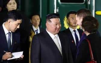 VLADIVOSTOK, RUSSIA - SEPTEMBER 12 : (----EDITORIAL USE ONLY  MANDATORY CREDIT - 'PRIMORSKY KRAI / HANDOUT' - NO MARKETING NO ADVERTISING CAMPAIGNS - DISTRIBUTED AS A SERVICE TO CLIENTS----) North Korea leader Kim Jong Un is welcomed by Minister of Natural Resources and Ecology of Russia Alexander Kozlov after arriving at Vladivostok by armored train to attend a meeting with Russian President Vladimir Putin (not seen) in Vladivostok, Russia, on September 12, 2023. (Photo by Primorsky Krai APS/Anadolu Agency via Getty Images)
