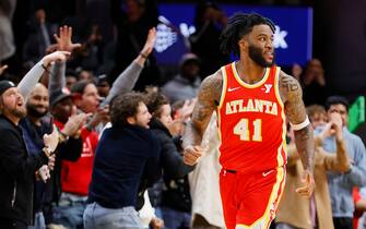 ATLANTA, GEORGIA - JANUARY 28: Saddiq Bey #41 of the Atlanta Hawks looks on after scoring the game winning shot against the Toronto Raptors during the second half at State Farm Arena on January 28, 2024 in Atlanta, Georgia. NOTE TO USER: User expressly acknowledges and agrees that, by downloading and or using this photograph, User is consenting to the terms and conditions of the Getty Images License Agreement. (Photo by Alex Slitz/Getty Images)