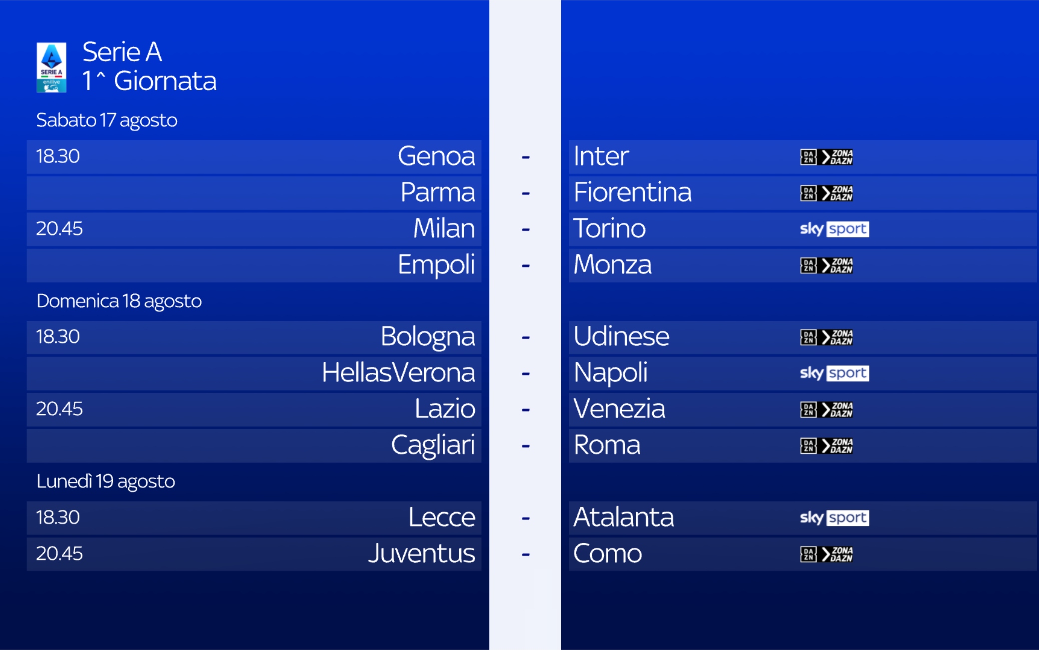 Calendario Serie A, anticipi e posticipi delle prime 3 giornate Sky Sport