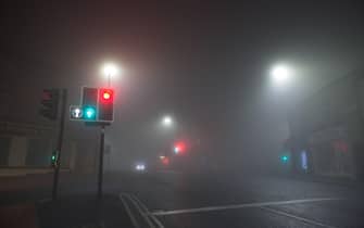 Incredibly thick fog at a cross road junction at broomhill, sheffield