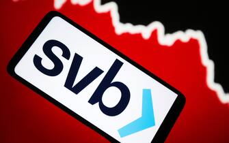 UKRAINE - 2023/03/11: In this photo illustration, Silicon Valley Bank (SVB) logo seen on a smartphone screen. (Photo Illustration by Pavlo Gonchar/SOPA Images/LightRocket via Getty Images)