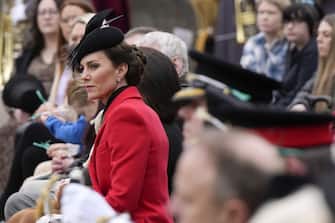The Princess of Wales, watching the St David's Day Parade during a visit to the 1st Battalion Welsh Guards at Combermere Barracks in Windsor, Berkshire. Picture date: Wednesday March 1, 2023.