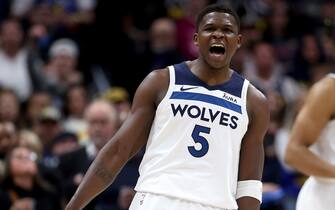 DENVER, COLORADO - MAY 04: Anthony Edwards #5 of the Minnesota Timberwolves reacts after a basket and a fou against the Denver Nuggets during the first quarter in Game One of the Western Conference Second Round Playoffs at Ball Arena on May 04, 2024 in Denver, Colorado. NOTE TO USER: User expressly acknowledges and agrees that, by downloading and/or using this Photograph, user is consenting to the terms and conditions of the Getty Images License Agreement. (Photo by Matthew Stockman/Getty Images)