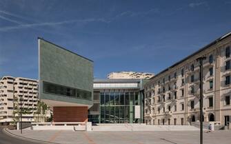 Front elevation of piazza and art centre's entrance. LAC Lugano Art Centre, Lugano, Switzerland. Architect: Ivano Gianola Studio d'architettura, 2015. (Photo by: Christian Richters/View Pictures/Universal Images Group via Getty Images)