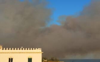 Un incendio è divampato a Santa Cesarea Terme, in provincia di Lecce, con le fiamme alimentate dal vento che sono quasi a ridosso del paese, 02 ottobre 2023. Anche alcuni abitanti della zona sono stati fatti allontanare dalle loro case per essere spostati in aree più sicure. 
ANSA/STEFANIA CONGEDO