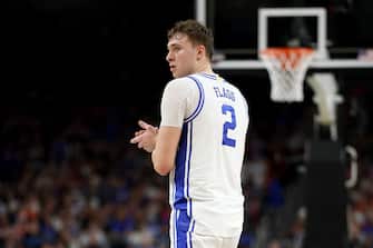2208739327 SAN ANTONIO, TEXAS - APRIL 05: Cooper Flagg #2 of the Duke Blue Devils reacts against the Houston Cougars during the first half in the Final Four game of the NCAA Men's Basketball Tournament at the Alamodome on April 05, 2025 in San Antonio, Texas. (Photo by Jamie Squire/Getty Images)