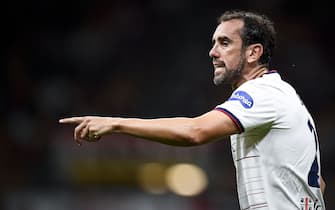 MILAN, ITALY - August 29, 2021: Diego Godin of Cagliari Calcio gestures during the Serie A football match between AC Milan and Cagliari Calcio. (Photo by NicolÃ² Campo/Sipa USA)