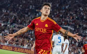 Roma s Paulo Dybala celebrates after scoring the goal 4-0 during the Italian Serie A soccer match between  AS Roma vs Empoli FC at the Olimpico stadium in Rome, Italy, 17 September 2023. ANSA/GIUSEPPE LAMI

