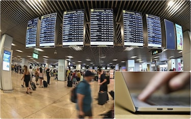 collage: aeroporto e pc 