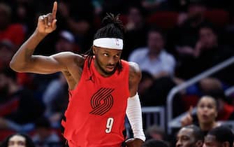HOUSTON, TEXAS - JANUARY 24: Jerami Grant #9 of the Portland Trail Blazers reacts to a three point basket against the Houston Rockets during the second half at Toyota Center on January 24, 2024 in Houston, Texas. (Photo by Carmen Mandato/Getty Images)
