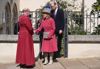 epa10566191 Britain's Sophie (C), Duchess of Edinburgh
and Prince Edward, Duke of Edinburgh (R) depart the Easter Sunday service at St Georges Chapel at Windsor Castle in Windsor, Britain, 09 April 2023.  EPA/NEIL HALL