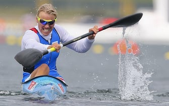 Italy's Josefa Idem in action in the Kajak Single (K1) 500m Women Canoe Sprint heat at the London 2012 Olympic Games Canoe Sprint competition at the Eton Dorney rowing centre near the village of Dorney, west of London, Britain, 07 August 2012.  ANSA/NIC BOTHMA