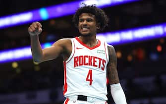 CHARLOTTE, NORTH CAROLINA - JANUARY 26: Jalen Green #4 of the Houston Rockets reacts after scoring a basket and a foul during the second quarter of the game against the Charlotte Hornets at Spectrum Center on January 26, 2024 in Charlotte, North Carolina. NOTE TO USER: User expressly acknowledges and agrees that, by downloading and or using this photograph, User is consenting to the terms and conditions of the Getty Images License Agreement. (Photo by Jared C. Tilton/Getty Images)