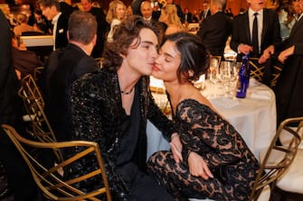 TimothÃ©e Chalamet and Kylie Jenner at the 81st Golden Globe Awards held at the Beverly Hilton Hotel on January 7, 2024 in Beverly Hills, California. (Photo by Christopher Polk/Golden Globes 2024/Golden Globes 2024 via Getty Images)