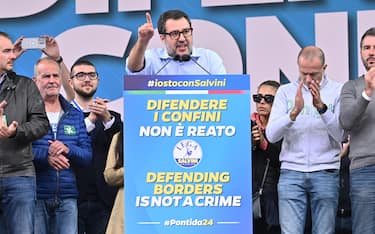 Leader of the League, Matteo Salvini, during traditional Lega party rally in Pontida (Bergamo), 6 October 2024. ANSA/MICHELE MARAVIGLIA