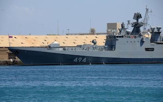 This picture taken on March 1, 2021 shows a view of the prow of the Russian Navy frigate RFS Admiral Grigorovich (494), anchored in Port Sudan. (Photo by Ibrahim ISHAQ / AFP) (Photo by IBRAHIM ISHAQ/AFP via Getty Images)