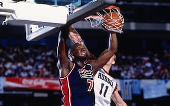 TORONTO - AUGUST 14: Shawn Kemp #7 of the USA Senior Men's National Team dunks against the Russian Senior Men's National Team during the 1994 World Championships of Basketball Gold Medal game on August 14, 2010 at the Toronto Skydome in Toronto, Ontario, Canada. The United States defeated Russia 137-91 to win the Gold medal. NOTE TO USER: User expressly acknowledges and agrees that, by downloading and or using this photograph, User is consenting to the terms and conditions of the Getty Images License Agreement. Mandatory Copyright Notice: Copyright 2010 NBAE (Photo by Andrew D. Bernstein/NBAE via Getty Images)