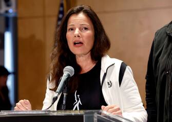 LOS ANGELES, CALIFORNIA - JULY 13: SAG President Fran Drescher speaks as SAG-AFTRA National Board holds a press conference for vote on recommendation to call a strike regarding the TV/Theatrical contract at SAG-AFTRA on July 13, 2023 in Los Angeles, California. (Photo by Frazer Harrison/Getty Images)