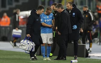 SSC Napoli's Slovak midfielder Stanislav Lobotka injured during the Serie A football match between AS Roma vs SSC Napoli Football Club at the Olimpico Stadium in Rome, Italy on December 23, 2023