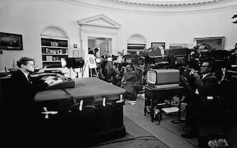 John Fitzgerald Kennedy (1917 - 1963), American president announcing on television the strategic blockade of Cuba, and his warning to the Soviet Union about missile sanctions during the Cuban missile crisis, 22nd October 1962.   (Photo by Keystone/Getty Images)