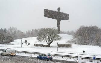 The Angel of the North statue in Gateshead covered in snow. A yellow weather warning for snow and ice will remain in place on Friday for the eastern coast of the the UK, stretching from Scotland to East Anglia. Ice warnings remain in place for Northern Ireland and south-west England. Picture date: Friday December 1, 2023. (Photo by Owen Humphreys/PA Images via Getty Images)