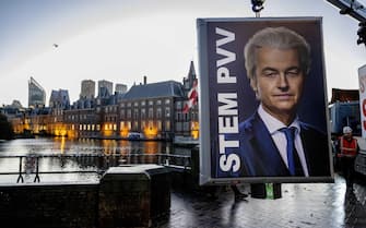 epa10990481 An election sign of PVV leader Geert Wilders is removed near the Binnenhof, a day after the Lower House elections, in The Hague, Netherlands, 23 November 2023. The PVV party is set to win the parliamentary elections with 37 seats after most votes were counted. Dutch voters went to the polls on 22 November to elect the members of the House of Representatives and a new prime minister, after Netherlands' longest-serving prime minister, Mark Rutte's cabinet collapsed in July.  EPA/ROBIN UTRECHT