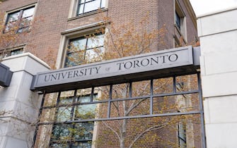 Toronto, Canada - April 26, 2023: Close up of University of Toronto sign in spring in downtown Toronto.
