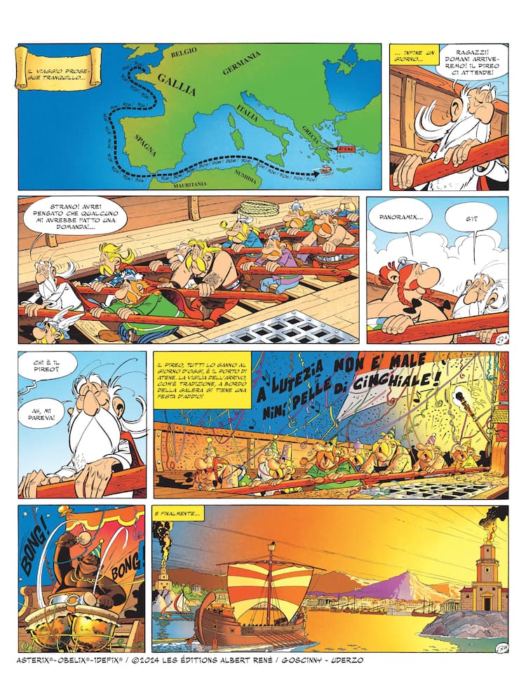 Il viaggio dei galli verso Olimpia in una tavola estratta da Asterix alle Olimpiadi