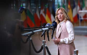epa11662682 Italian Prime Minister Giorgia Meloni talks to the media following the EU-Gulf Cooperation Council (GCC) summit in Brussels, Belgium, 16 October 2024. This is the first summit between the EU leaders and the GCC, aiming to develop a closer partnership. The European Union is the second-largest trade partner for the GCC countries, generating â‚¬170 billion in trade in 2023, imports of mineral fuels accounted for over 75% of EU imports from GCC countries. Since 2020, fuel imports have more than tripled mainly due to the armed conflict between Russia and Ukraine.  EPA/OLIVIER HOSLET