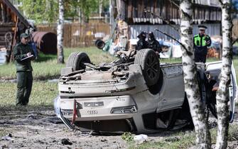 RUSSIA, NIZHNY NOVGOROD REGION - MAY 6, 2023: A view shows the wreckage left of writer Zakhar Prilepin’s car after a car bomb explosion near the village of Pionersky. According to recent data, Prilepin has been brought to hospital with injuries to his legs, his driver dead. Stringer/TASS/Sipa USA