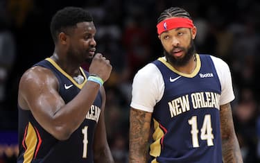 NEW ORLEANS, LOUISIANA - NOVEMBER 22: Zion Williamson #1 and Brandon Ingram #14 of the New Orleans Pelicans talk against the Sacramento Kings during the second half at the Smoothie King Center on November 22, 2023 in New Orleans, Louisiana. NOTE TO USER: User expressly acknowledges and agrees that, by downloading and or using this Photograph, user is consenting to the terms and conditions of the Getty Images License Agreement. (Photo by Jonathan Bachman/Getty Images)
